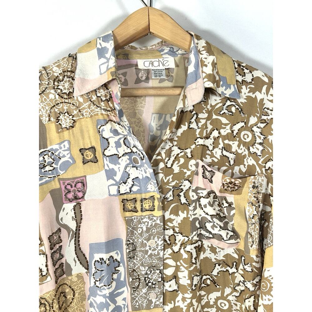 Vintage 90s Cache Beaded Patchwork Boho Lagenlook Button Shirt Top Women’s L/XL‎ - Picture 5 of 11